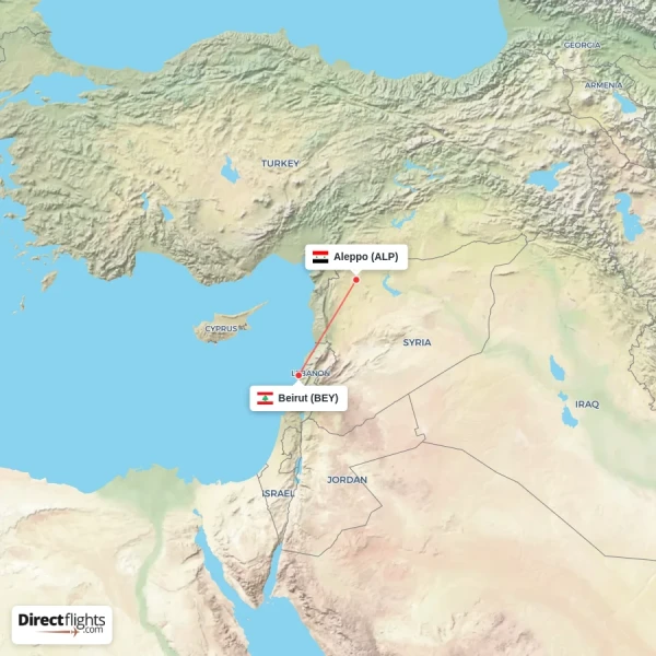 Aleppo - Beirut direct flight map