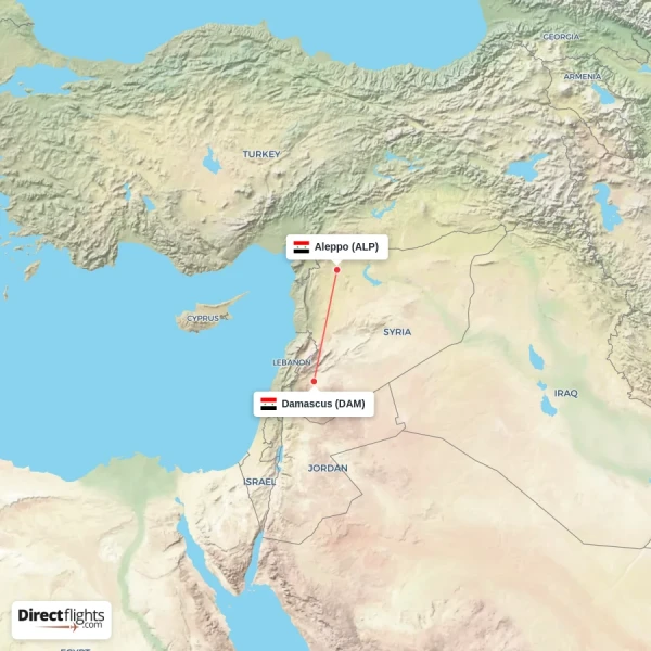 Aleppo - Damascus direct flight map