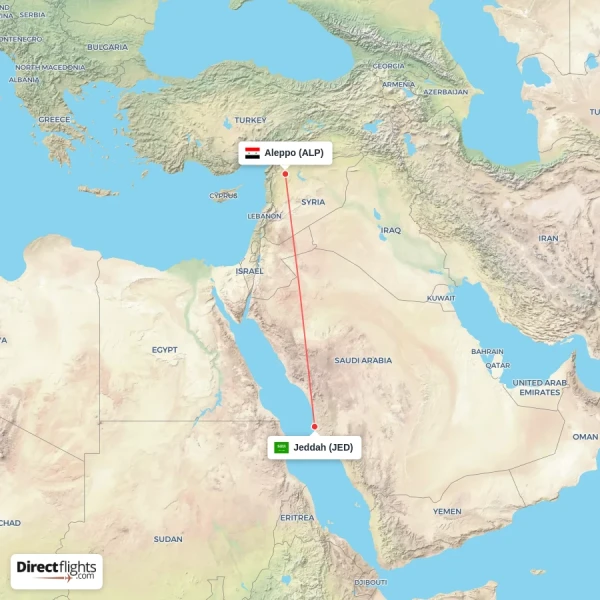 Aleppo - Jeddah direct flight map