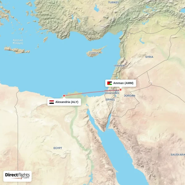 Alexandria - Amman direct flight map