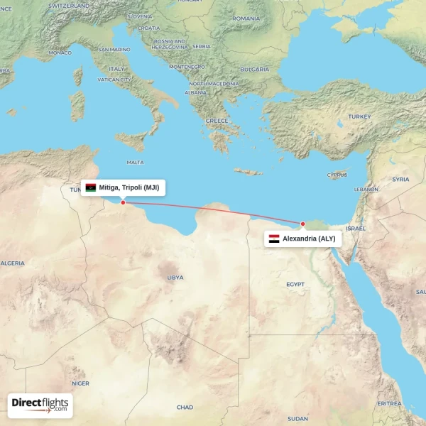 Alexandria - Mitiga, Tripoli direct flight map