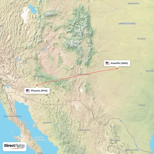 Amarillo - Phoenix direct flight map