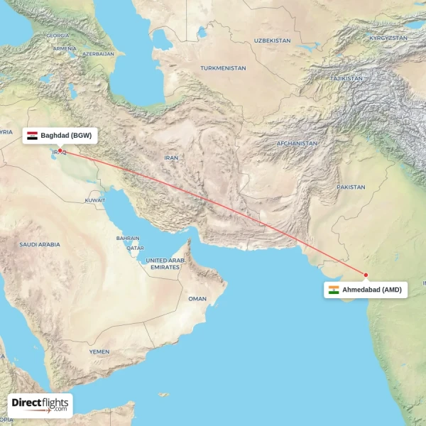 Ahmedabad - Baghdad direct flight map