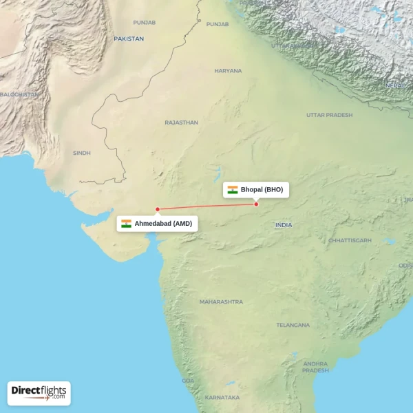 Ahmedabad - Bhopal direct flight map