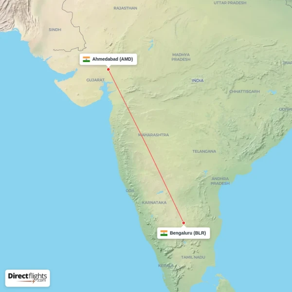 Ahmedabad - Bengaluru direct flight map