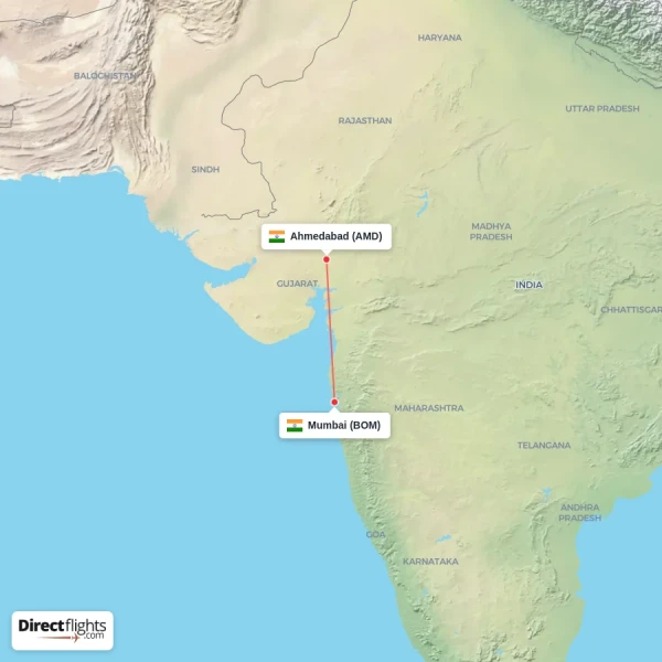 Ahmedabad - Mumbai direct flight map