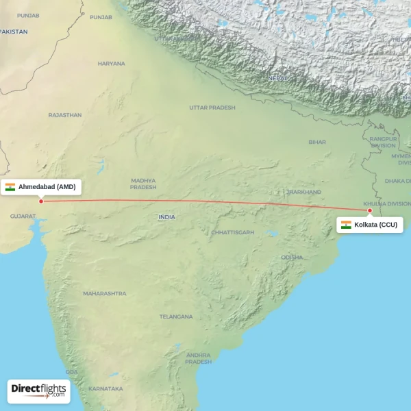 Ahmedabad - Kolkata direct flight map