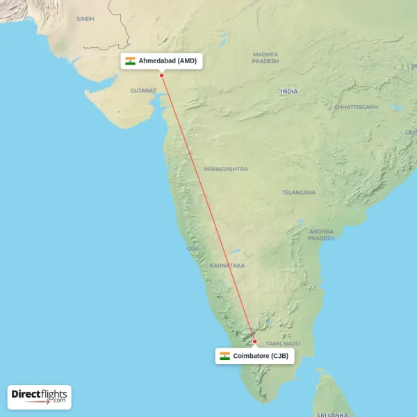 Ahmedabad - Coimbatore direct flight map