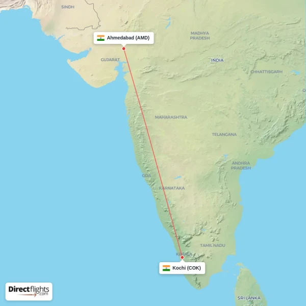 Ahmedabad - Kochi direct flight map