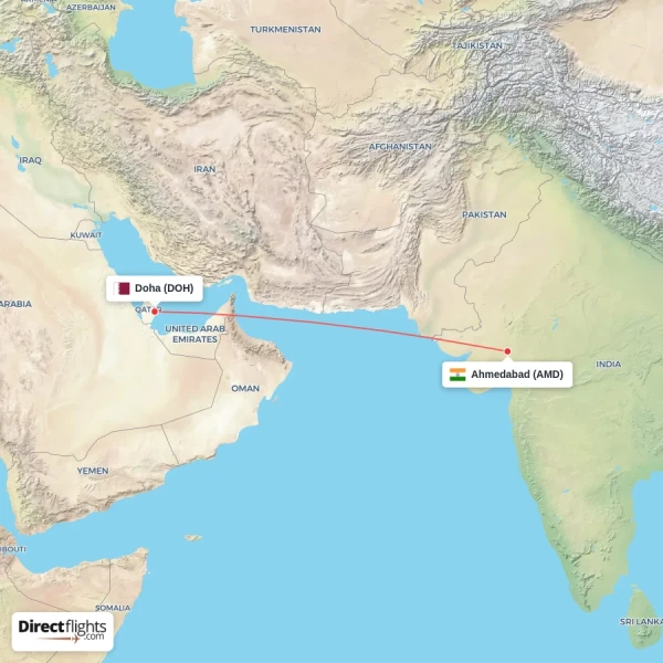 Ahmedabad - Doha direct flight map