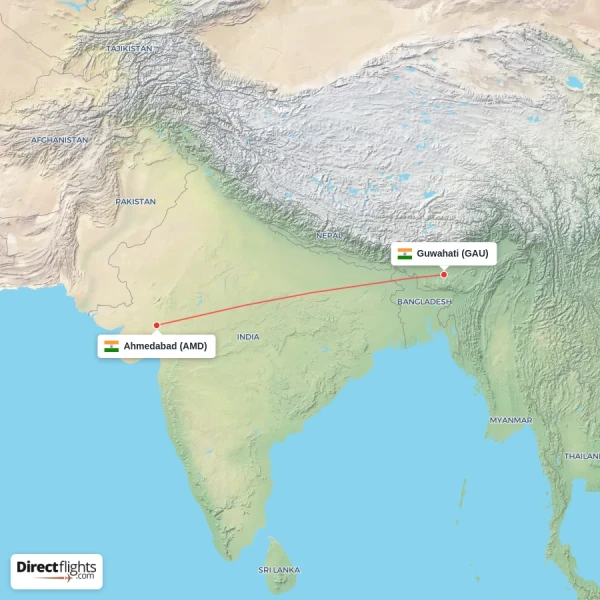 Ahmedabad - Guwahati direct flight map