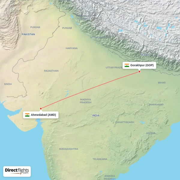 Ahmedabad - Gorakhpur direct flight map