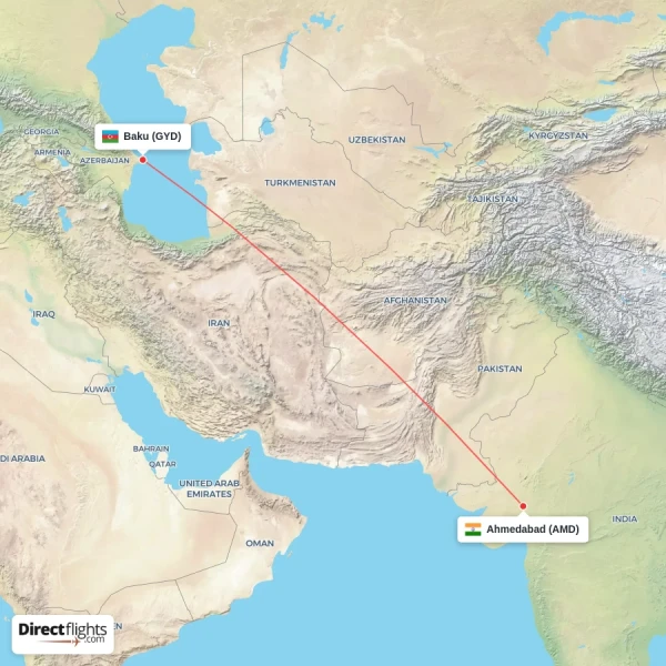 Ahmedabad - Baku direct flight map