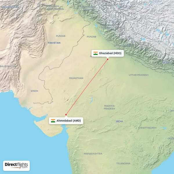 Ahmedabad - Ghaziabad direct flight map