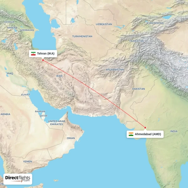 Ahmedabad - Tehran direct flight map