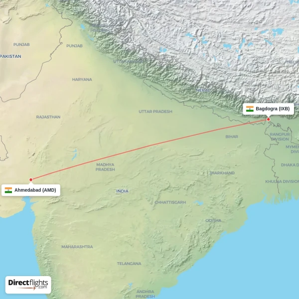 Ahmedabad - Bagdogra direct flight map