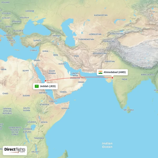 Ahmedabad - Jeddah direct flight map