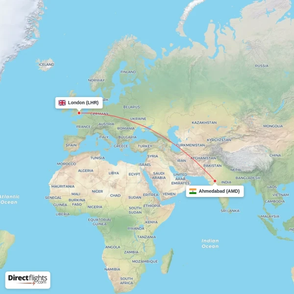 Ahmedabad - London direct flight map
