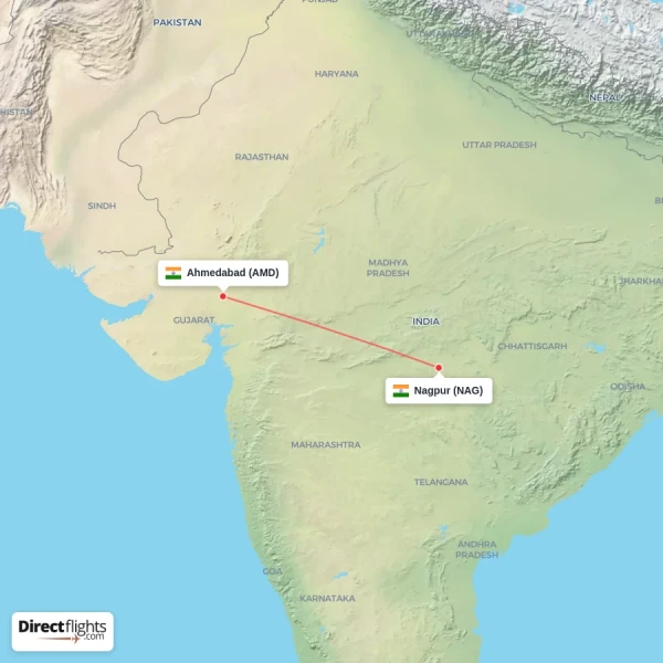 Ahmedabad - Nagpur direct flight map