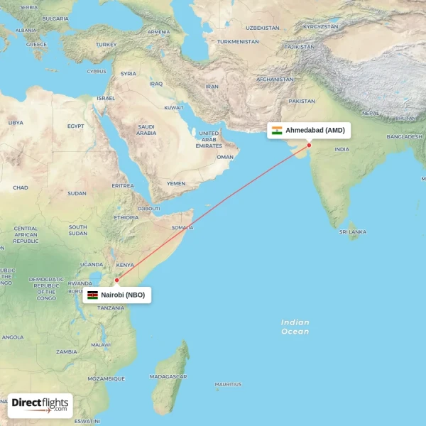 Ahmedabad - Nairobi direct flight map