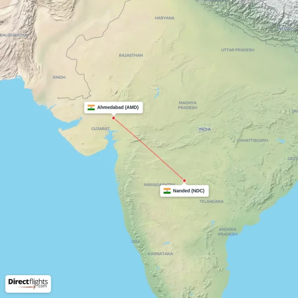 Ahmedabad - Nanded direct flight map