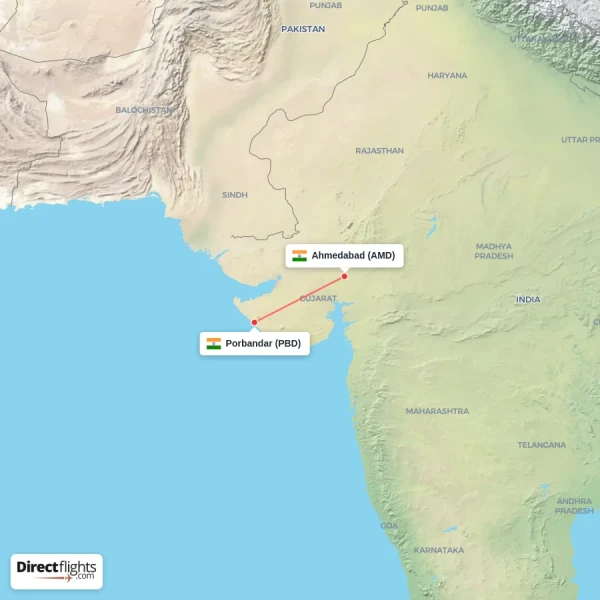 Ahmedabad - Porbandar direct flight map