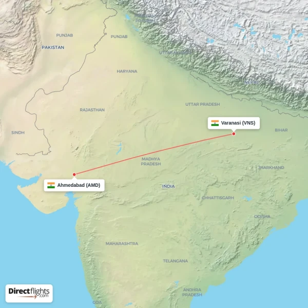 Ahmedabad - Varanasi direct flight map