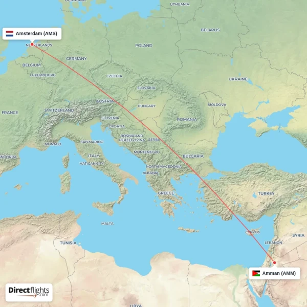 Amman - Amsterdam direct flight map