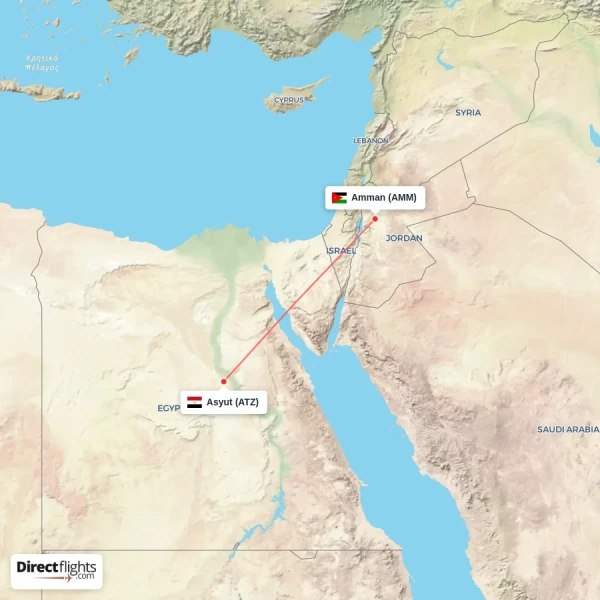 Amman - Asyut direct flight map