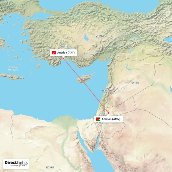 Amman - Antalya direct flight map