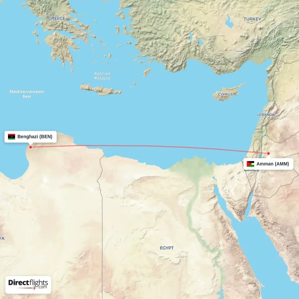 Amman - Benghazi direct flight map