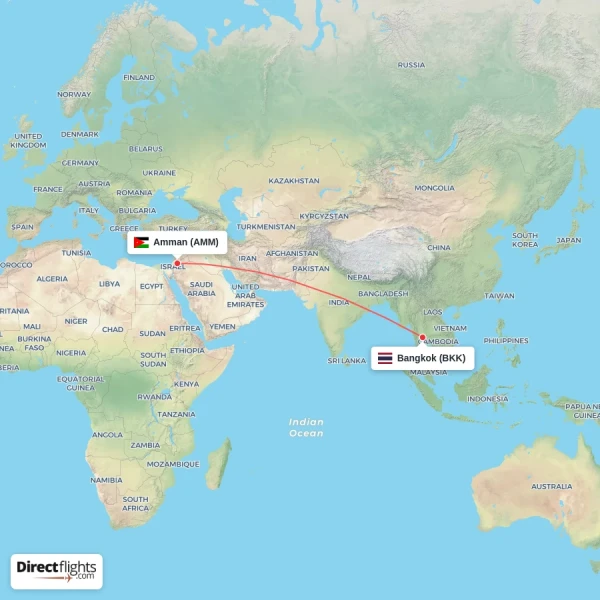 Amman - Bangkok direct flight map