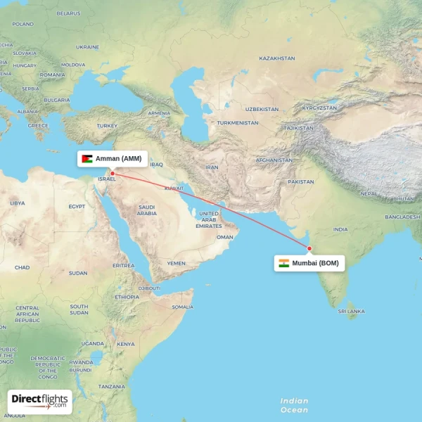 Amman - Mumbai direct flight map