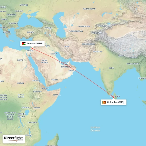 Amman - Colombo direct flight map