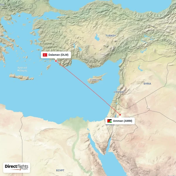 Amman - Dalaman direct flight map