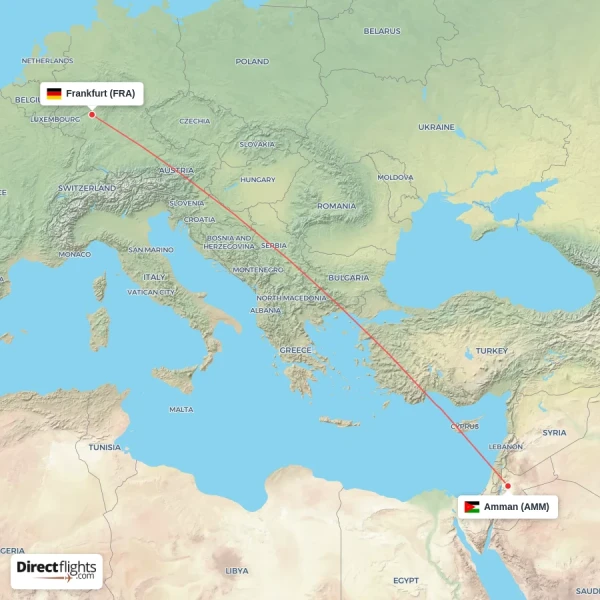 Amman - Frankfurt direct flight map