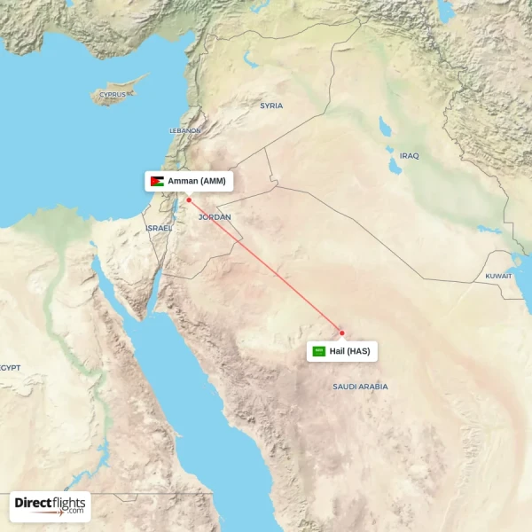 Amman - Hail direct flight map