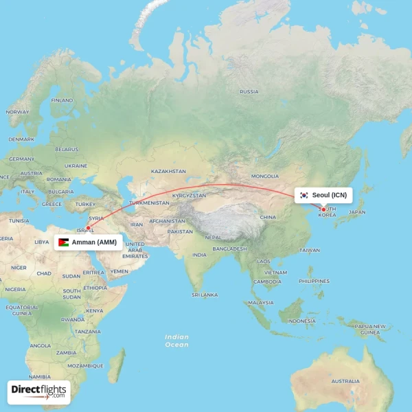 Amman - Seoul direct flight map