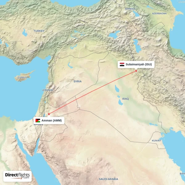 Amman - Sulaimaniyah direct flight map