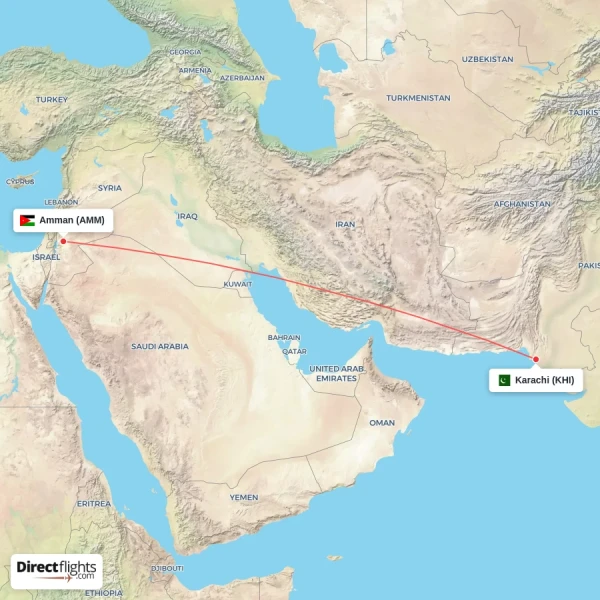 Amman - Karachi direct flight map