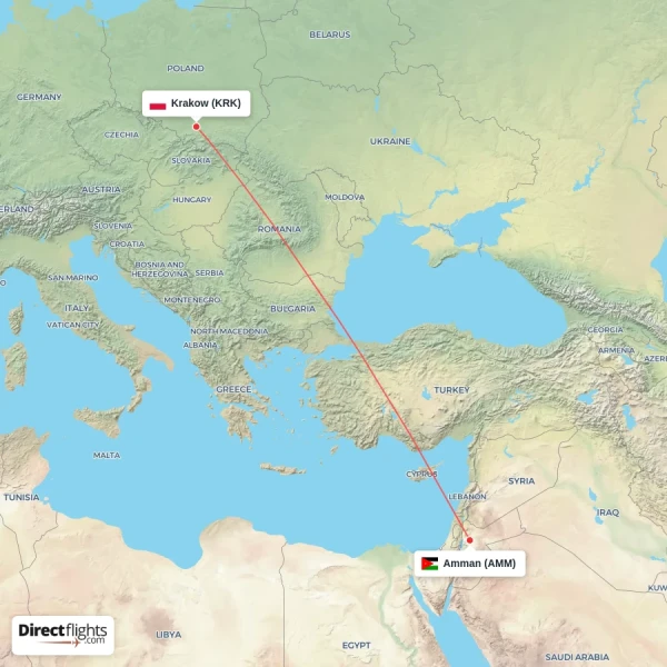 Amman - Krakow direct flight map