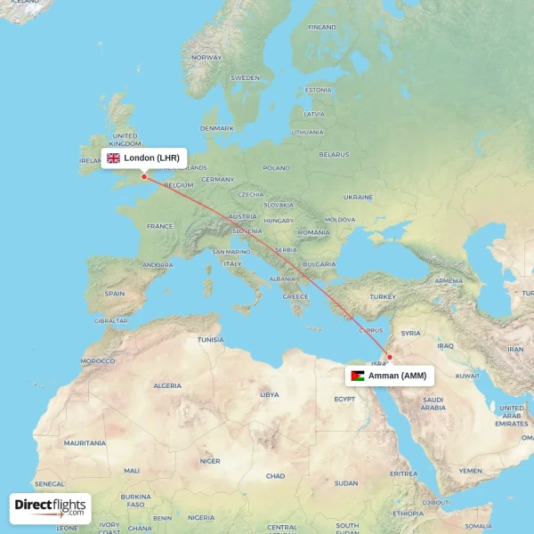 Amman - London direct flight map