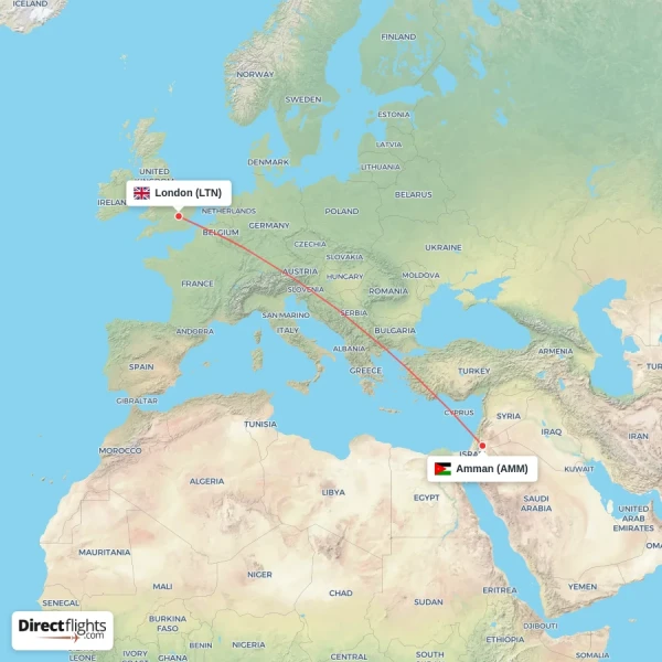 Amman - London direct flight map