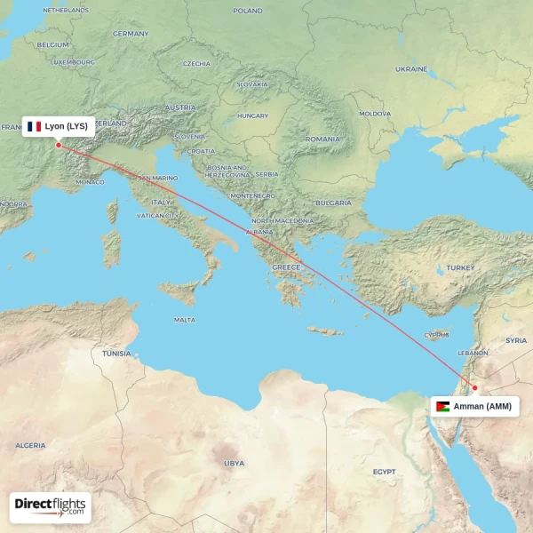 Amman - Lyon direct flight map