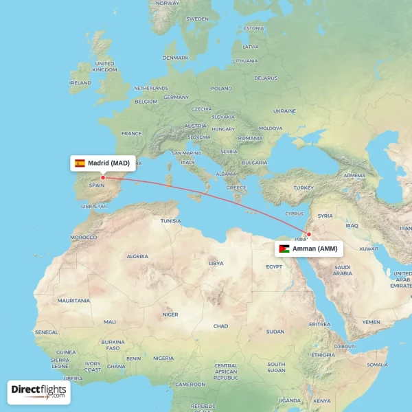 Amman - Madrid direct flight map