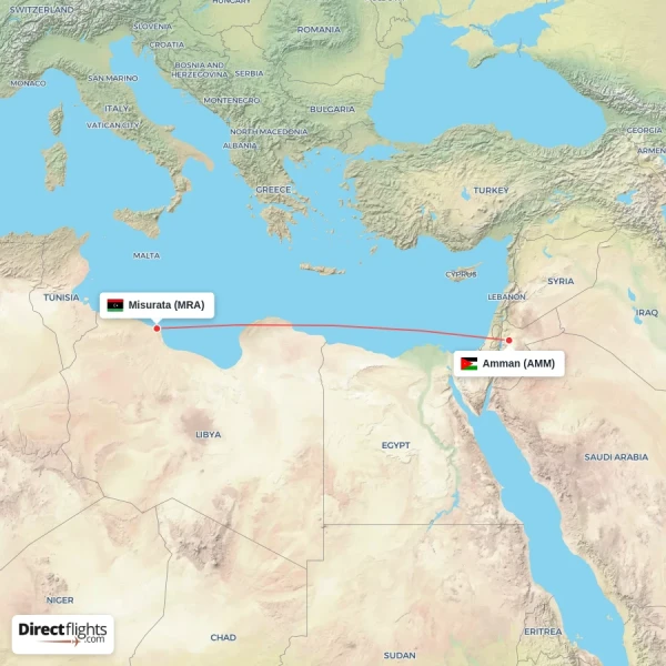 Amman - Misurata direct flight map