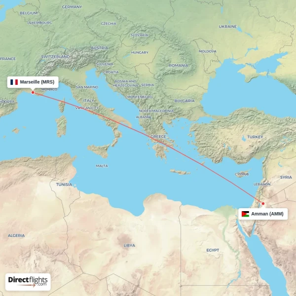 Amman - Marseille direct flight map
