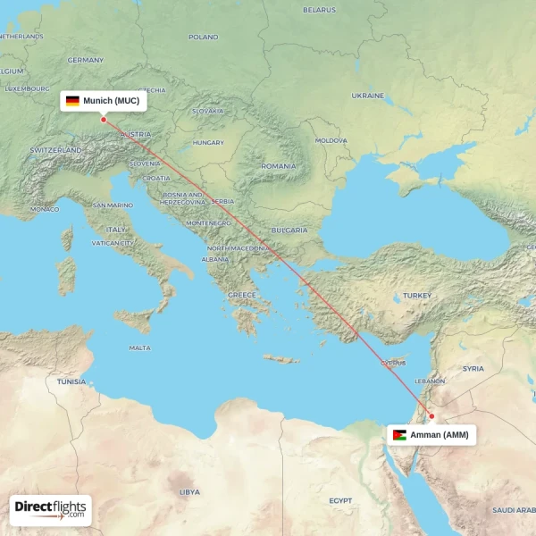 Amman - Munich direct flight map