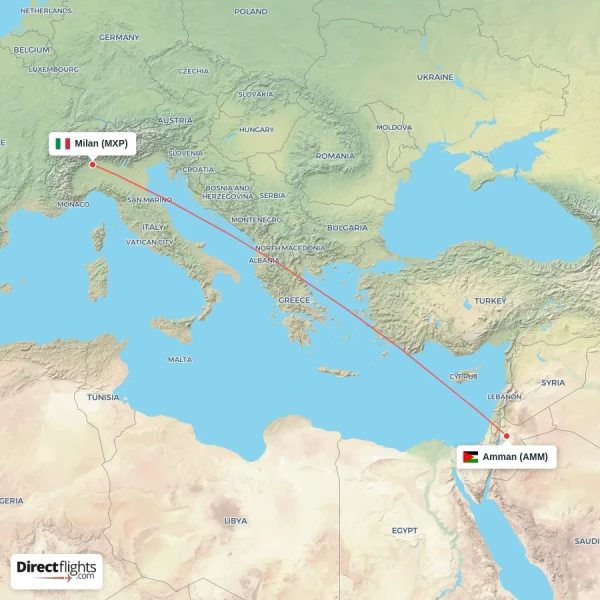 Amman - Milan direct flight map