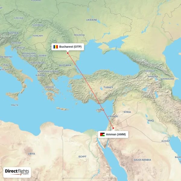 Amman - Bucharest direct flight map